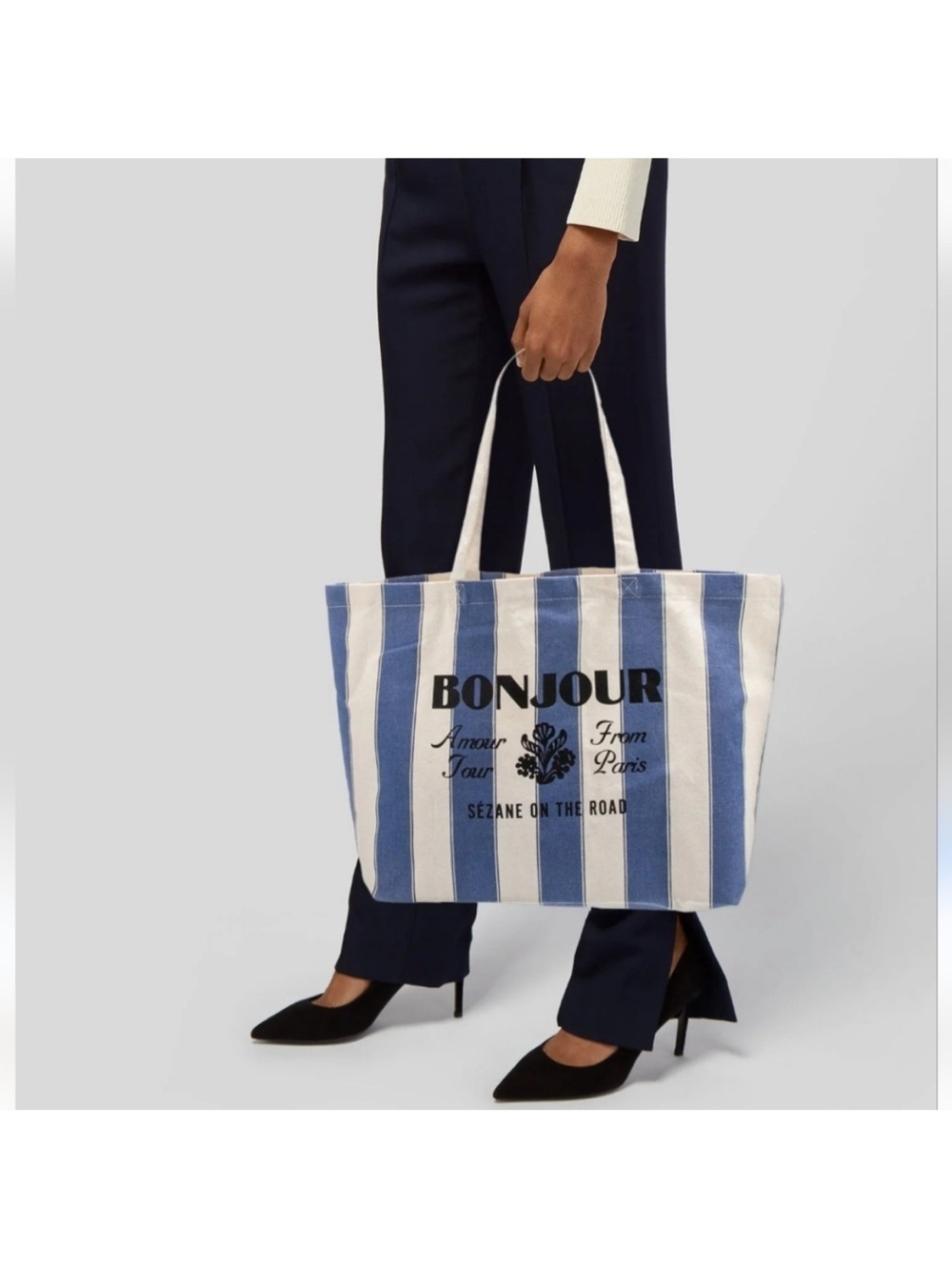Sezane Bonjour Amour Tour From Paris on the Road Canvas Blue Stripe Tote Bag
